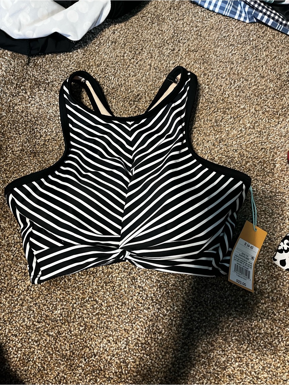 Kona Sol Black and White Striped High Neck Bikini Top